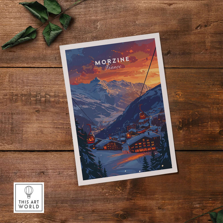 Morzine Print France - Ski Poster featuring a snowy mountain landscape with cozy lodges and vibrant sunset sky.