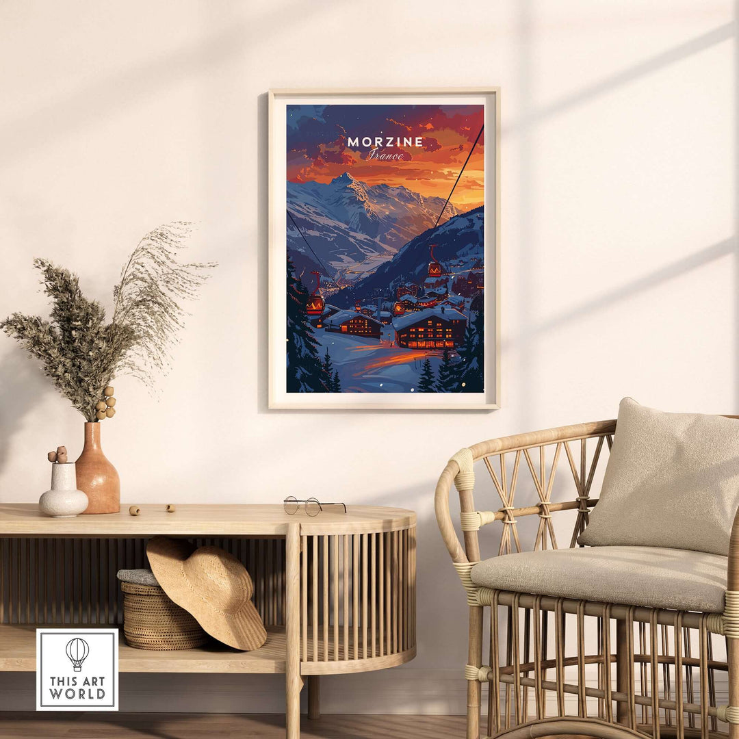 Morzine Print France - Ski Poster showcasing a winter landscape at sunset, framed in a cozy modern living room setting.