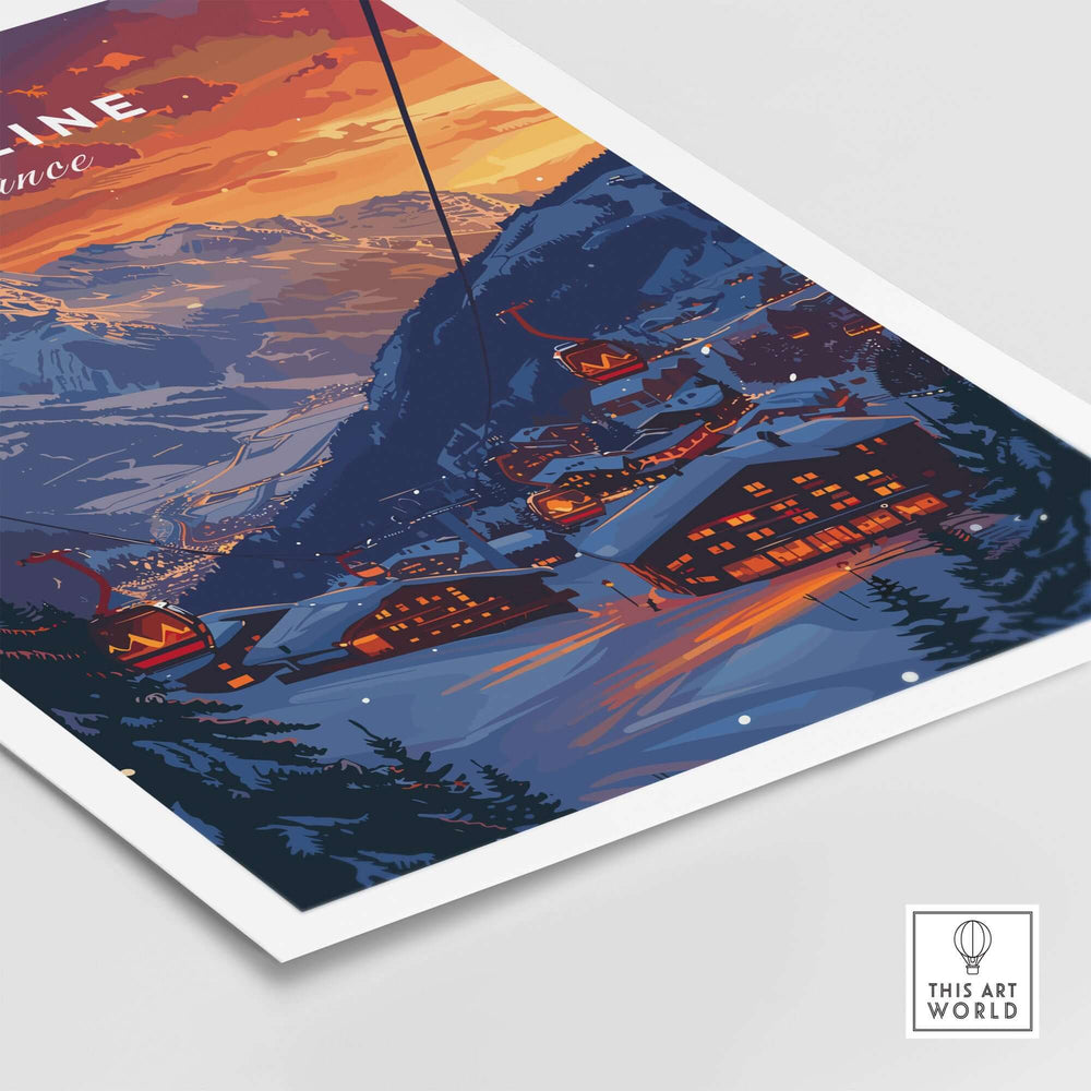 Ski resort village at sunset in Morzine, France - vibrant ski poster art print featuring snowy landscape and cozy chalets.