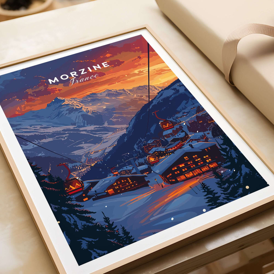 Morzine Print France - Ski Poster showcasing a vibrant sunset over snowy mountains and ski chalets, perfect for winter sports enthusiasts.