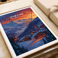 Morzine Print France - Ski Poster showcasing a vibrant sunset over snowy mountains and ski chalets, perfect for winter sports enthusiasts.