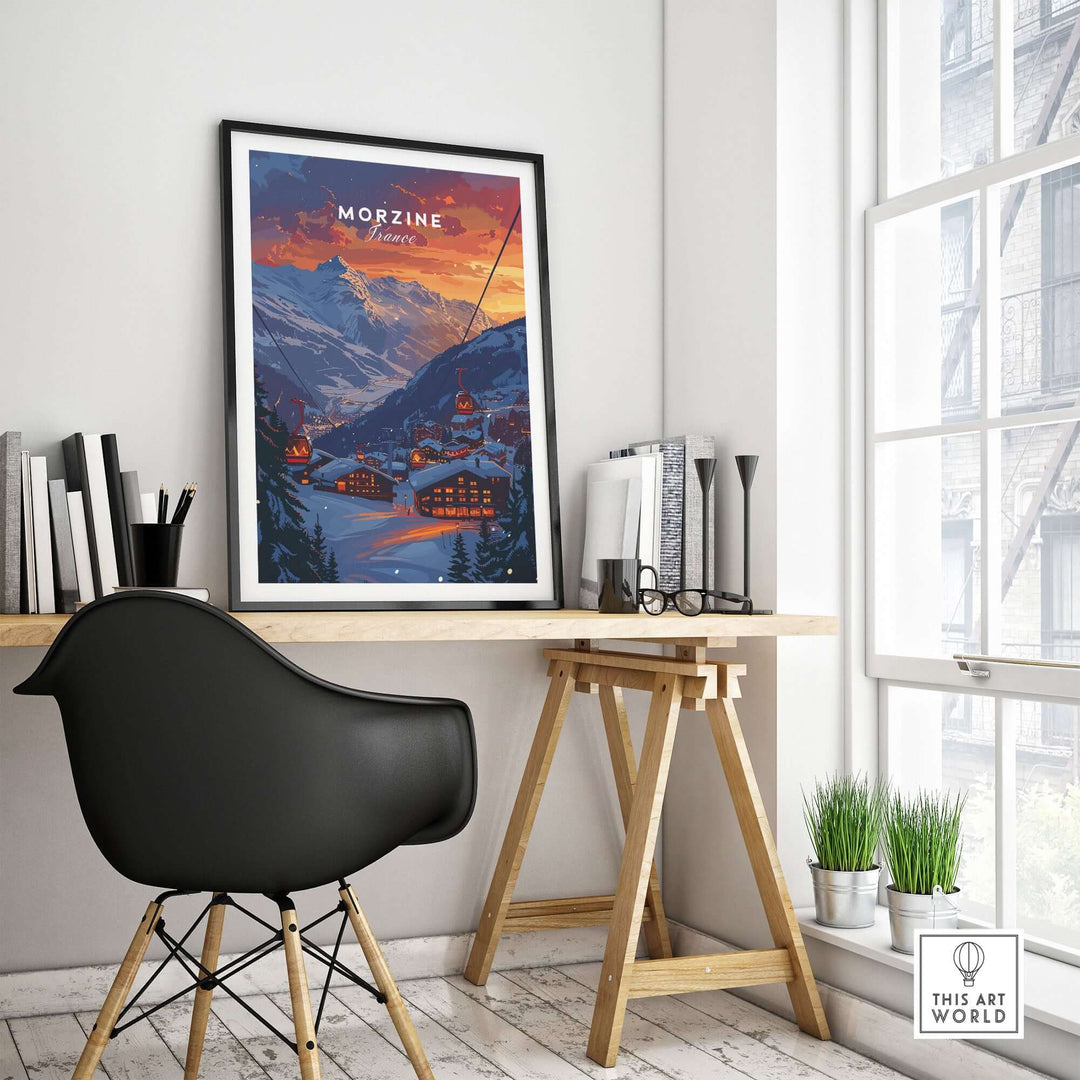 Modern office with Morzine Print France ski poster framed on wall, stylish decor, and natural light.