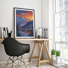 Modern office with Morzine Print France ski poster framed on wall, stylish decor, and natural light.