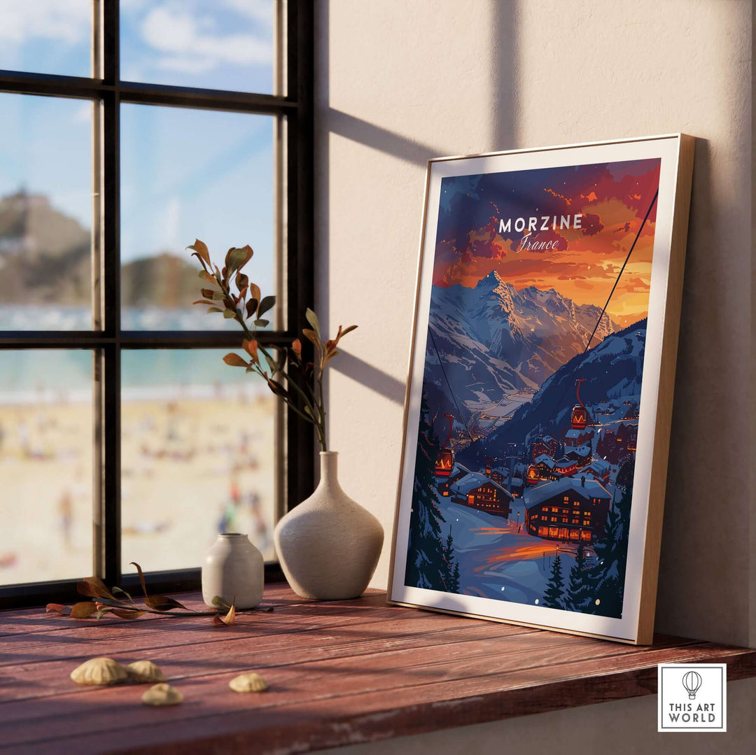 Framed Morzine France ski poster with mountain sunset, displayed on a wooden shelf near vases and a sunny window.