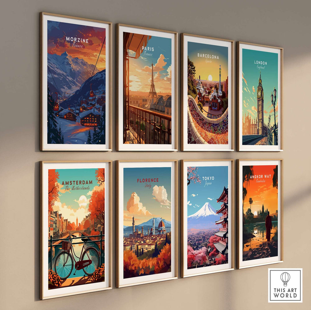 Collection of framed travel posters featuring Morzine, Paris, Barcelona, London, Amsterdam, Florence, Tokyo, and Angkor Wat.