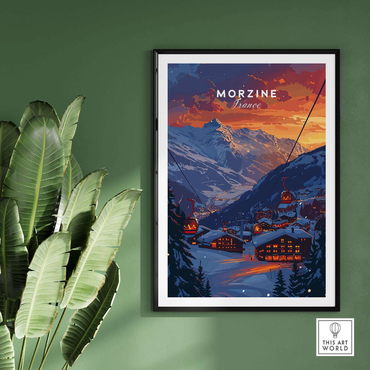 Framed Morzine France ski poster with snowy mountain scene and cable cars, against a green wall.