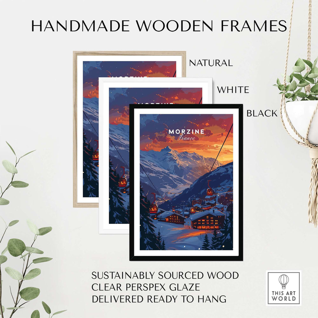 Morzine Print France Ski Poster in handmade wooden frames, available in natural, white, and black. Sustainable and ready to hang.