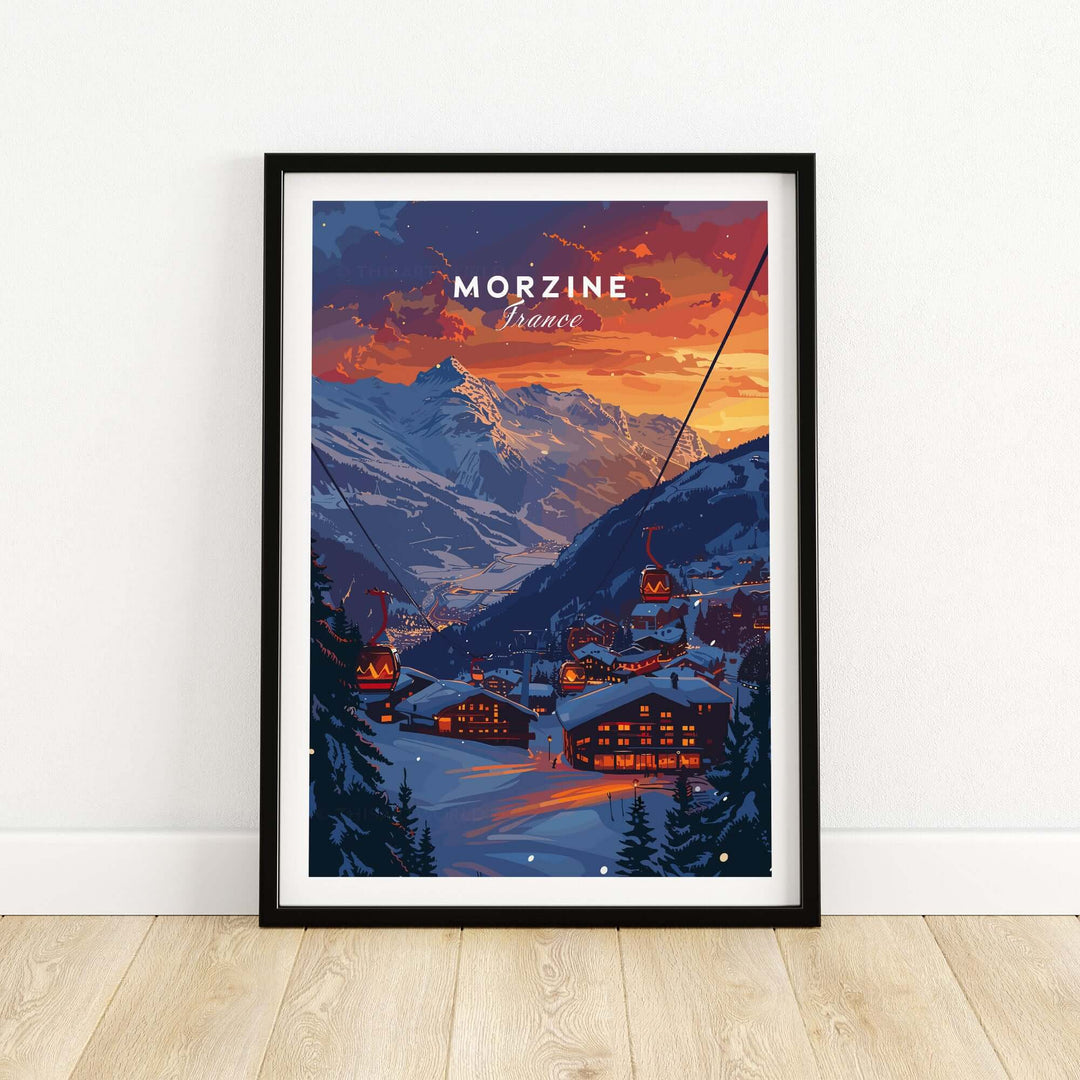 Morzine France ski poster featuring a scenic winter landscape with cable cars and snowy mountains at sunset.