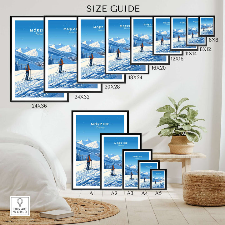 Morzine Ski Poster size guide showcasing various print dimensions with a snowy mountain scene.