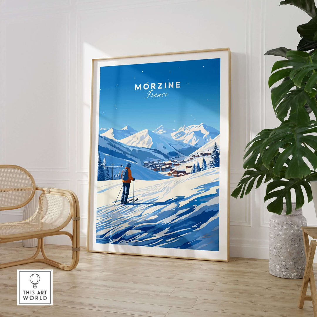 Morzine ski poster featuring a snowy mountain landscape with a skier, displayed in a stylish room with modern decor.