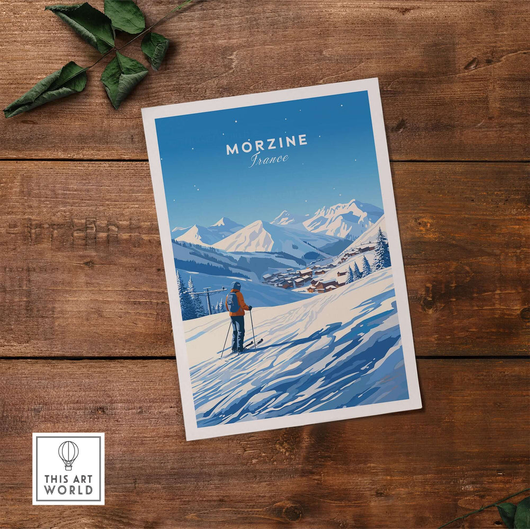 Vintage-style Morzine, France ski poster featuring snowy mountains and skier, displayed on a rustic wooden background.