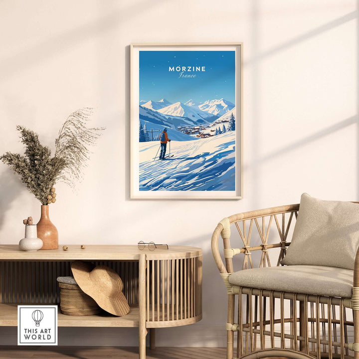 Cozy room featuring framed Morzine ski poster with snowy mountains, modern decor with wicker chair and wooden console table.