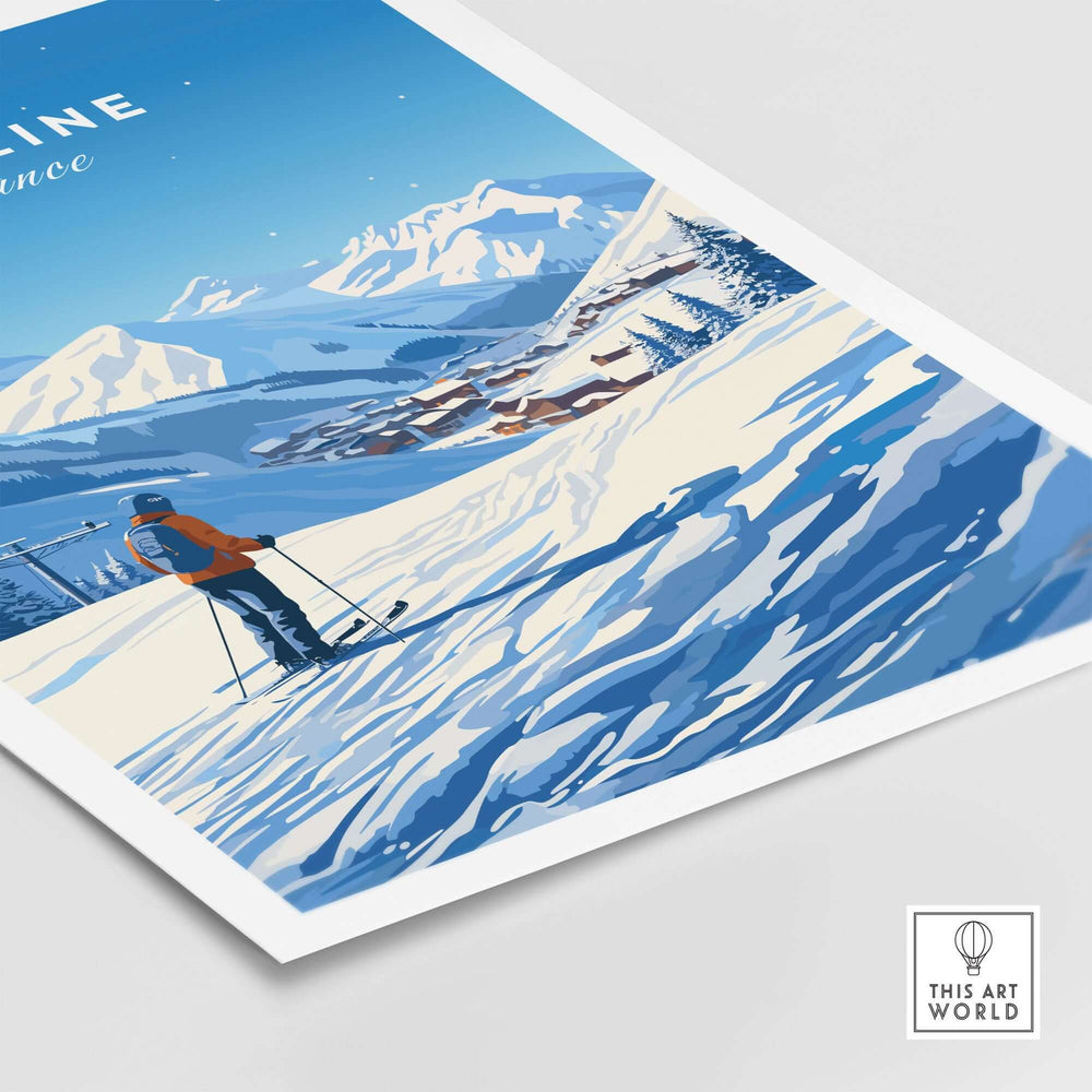 Vintage-style Morzine ski poster featuring a skier against snowy mountains and a village, perfect for winter sports enthusiasts.