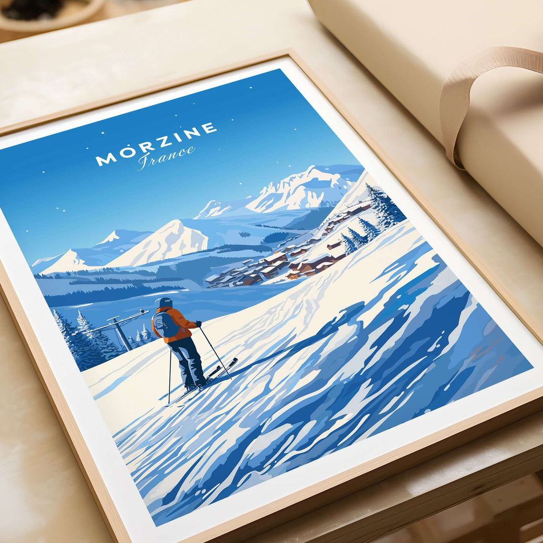 Vintage Morzine ski poster featuring a skier on snowy slopes with scenic mountain backdrop, promoting skiing in France.