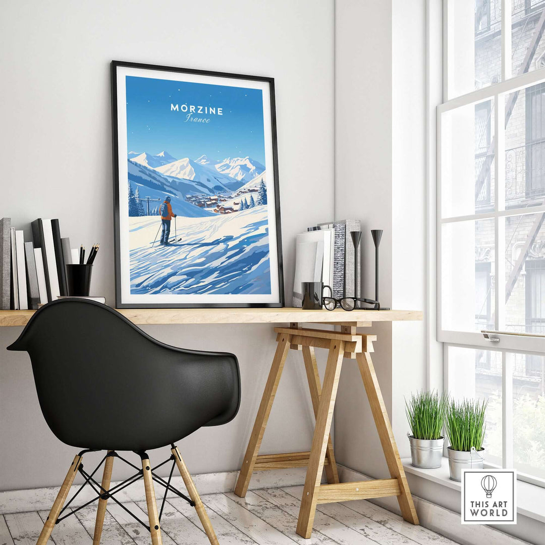 Morzine Ski Poster displayed in modern room, featuring snowy mountain scene with skier, enhancing winter sports decor.