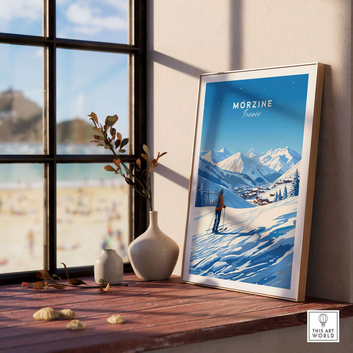 Framed Morzine ski poster on wooden table by sunny window, showcasing scenic snowy mountains and skier.