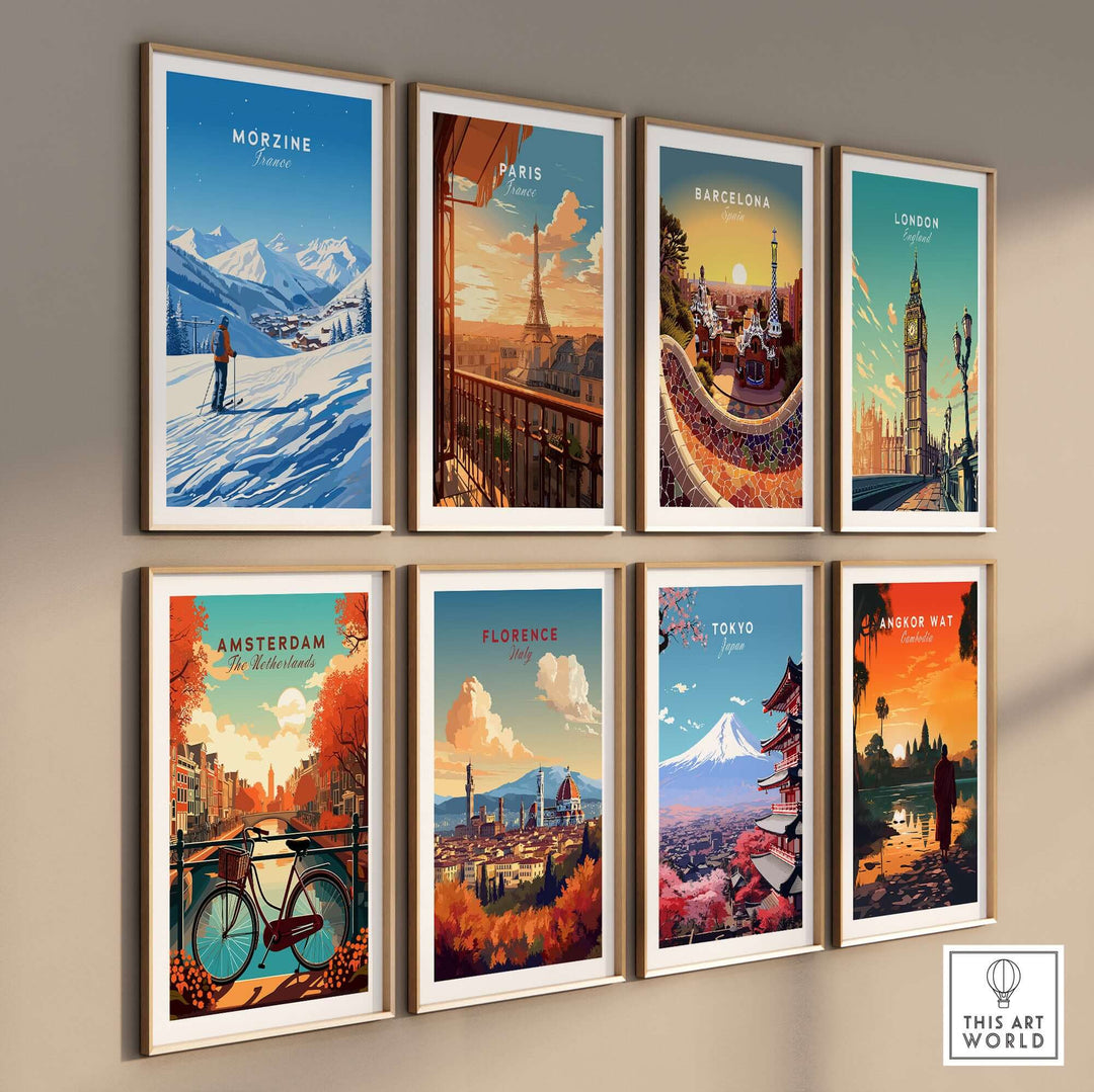 Collection of framed travel posters featuring Morzine, Paris, Barcelona, London, Amsterdam, Florence, Tokyo, and Angkor Wat.