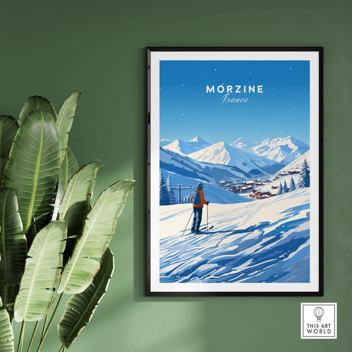 Morzine Ski Poster with skier on snowy slope and mountains in the background, framed and hung on green wall, showcasing winter scenery