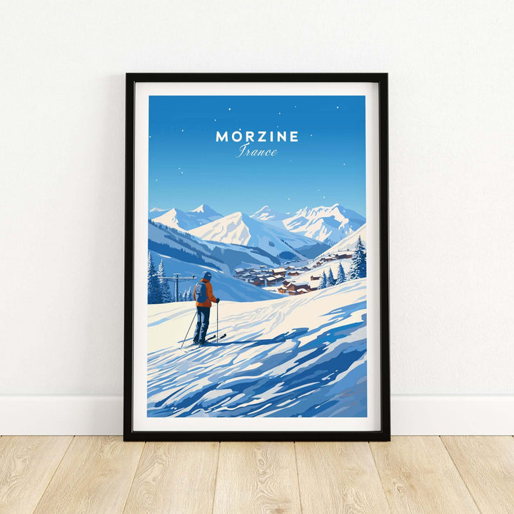 Vintage Morzine ski poster featuring scenic snowy mountains and skier in France, perfect for winter sports enthusiasts.