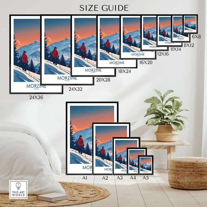 Morzine ski print size guide showcasing various framed dimensions for home decor in a stylish living room setting.