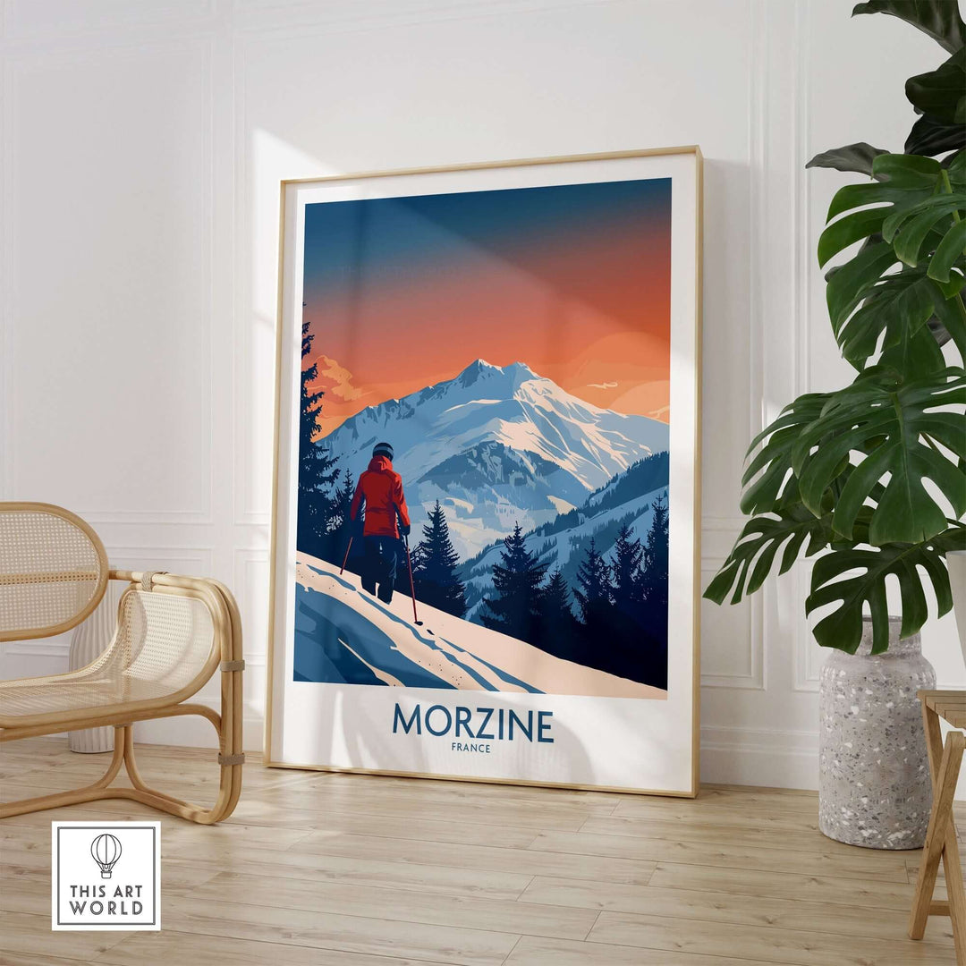 Morzine Ski Print showcasing vibrant colors of French Alps with a skier against a stunning mountain backdrop.