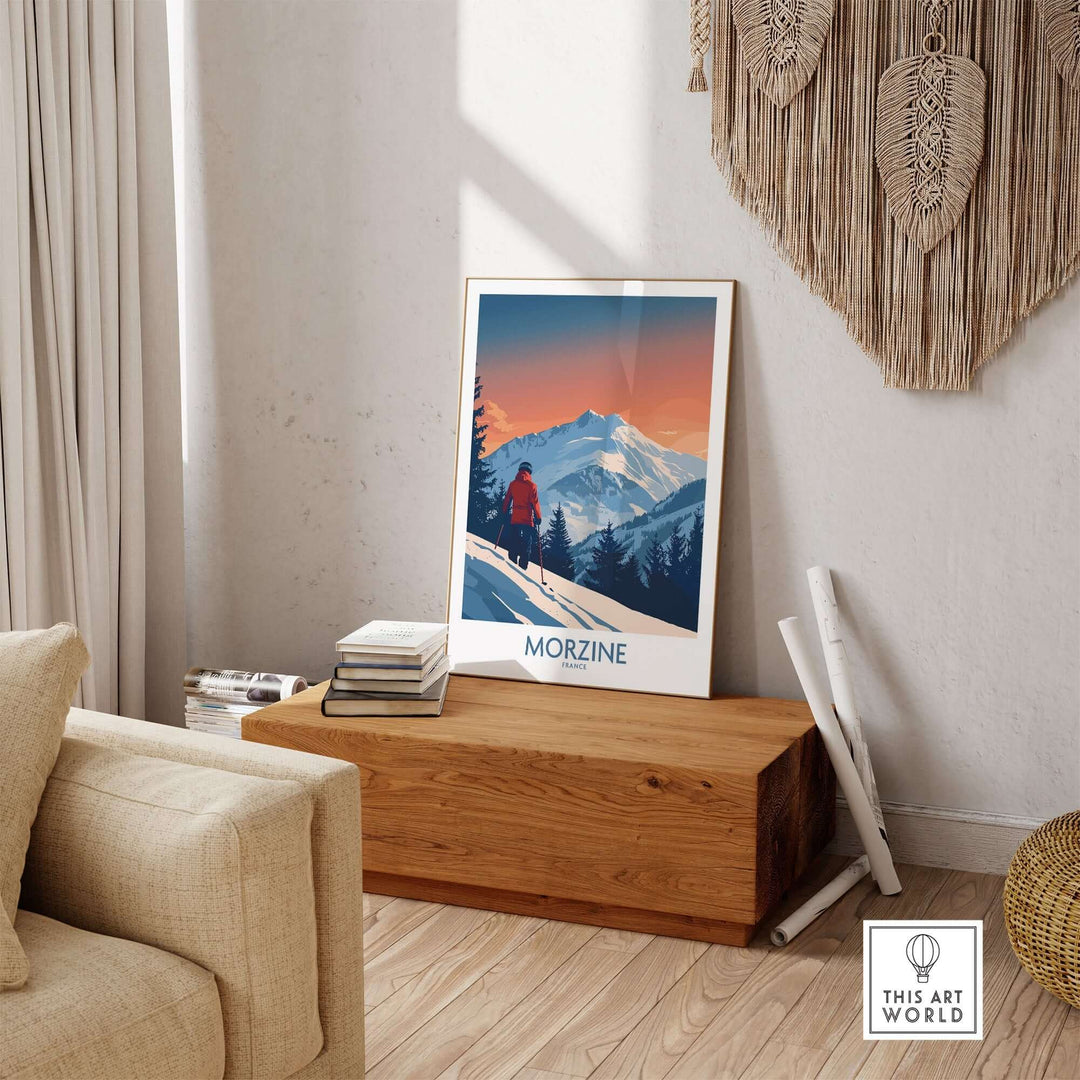 Morzine ski print showcased in a cozy living room setting with mountain artwork. Perfect for ski enthusiasts and decor lovers.