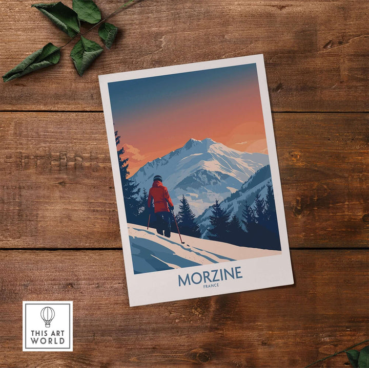 Morzine Ski Print showcasing a skier in the French Alps, capturing vibrant colors and mountain beauty.