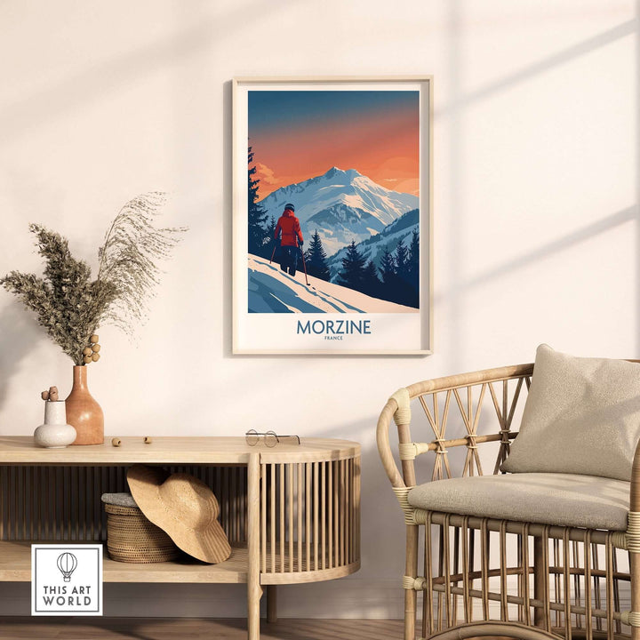 Morzine Ski Print depicting a skier against a vibrant sunset over the French Alps, showcased in a cozy home setting.