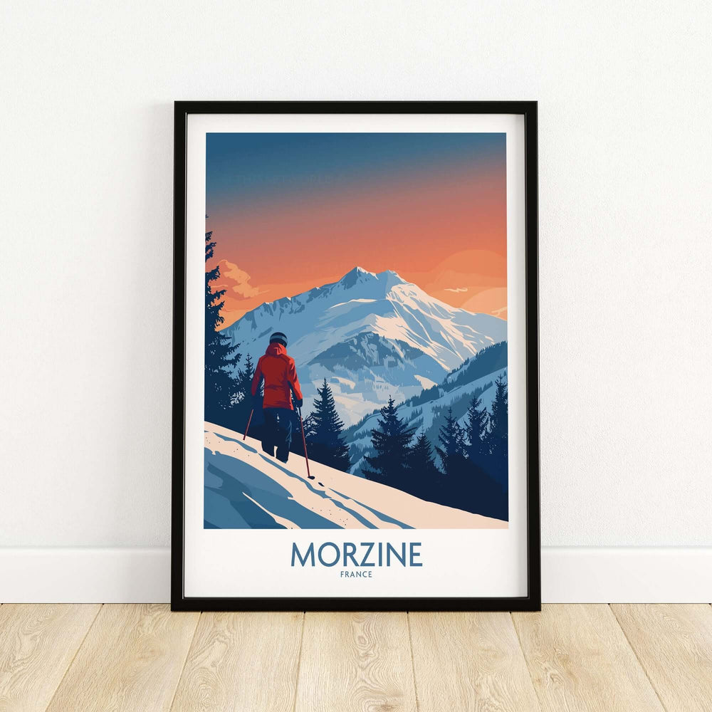 Morzine Ski Print showcasing a skier on a snowy slope against a vibrant sunset in the French Alps.