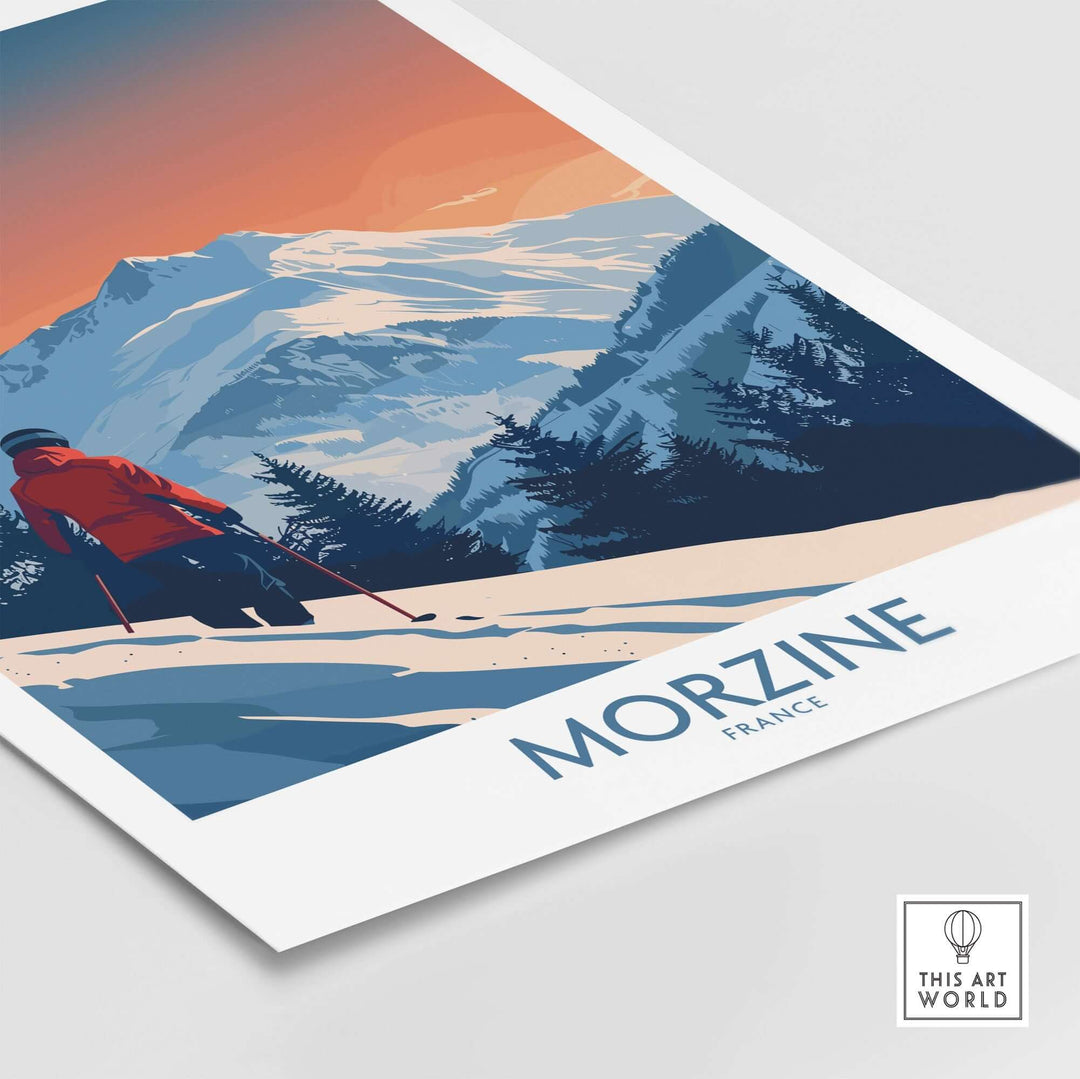 Morzine ski print showcasing a skier against the backdrop of the French Alps, vibrant colors, and stunning mountain scenery.