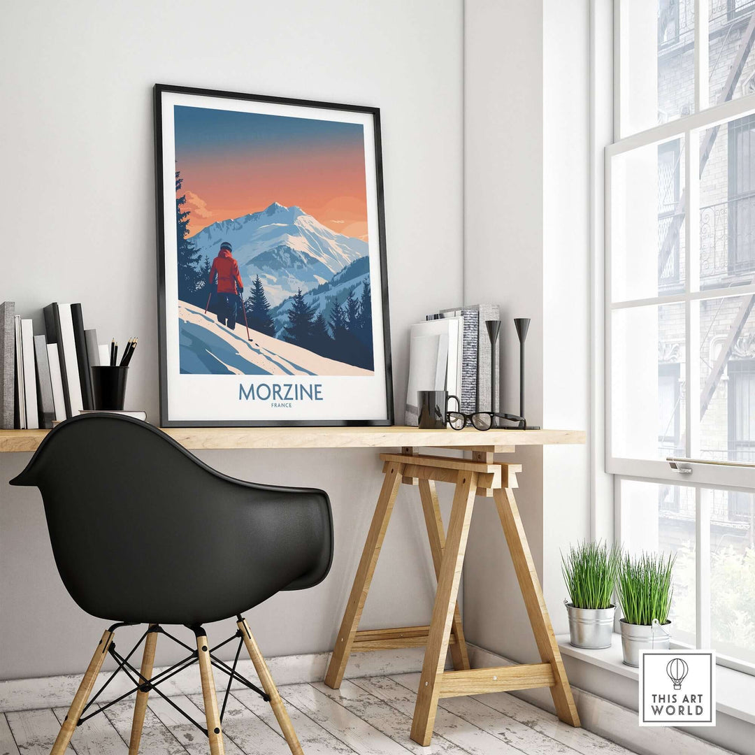 Morzine ski print art displayed in a modern workspace, capturing the beauty of the French Alps and winter adventure.