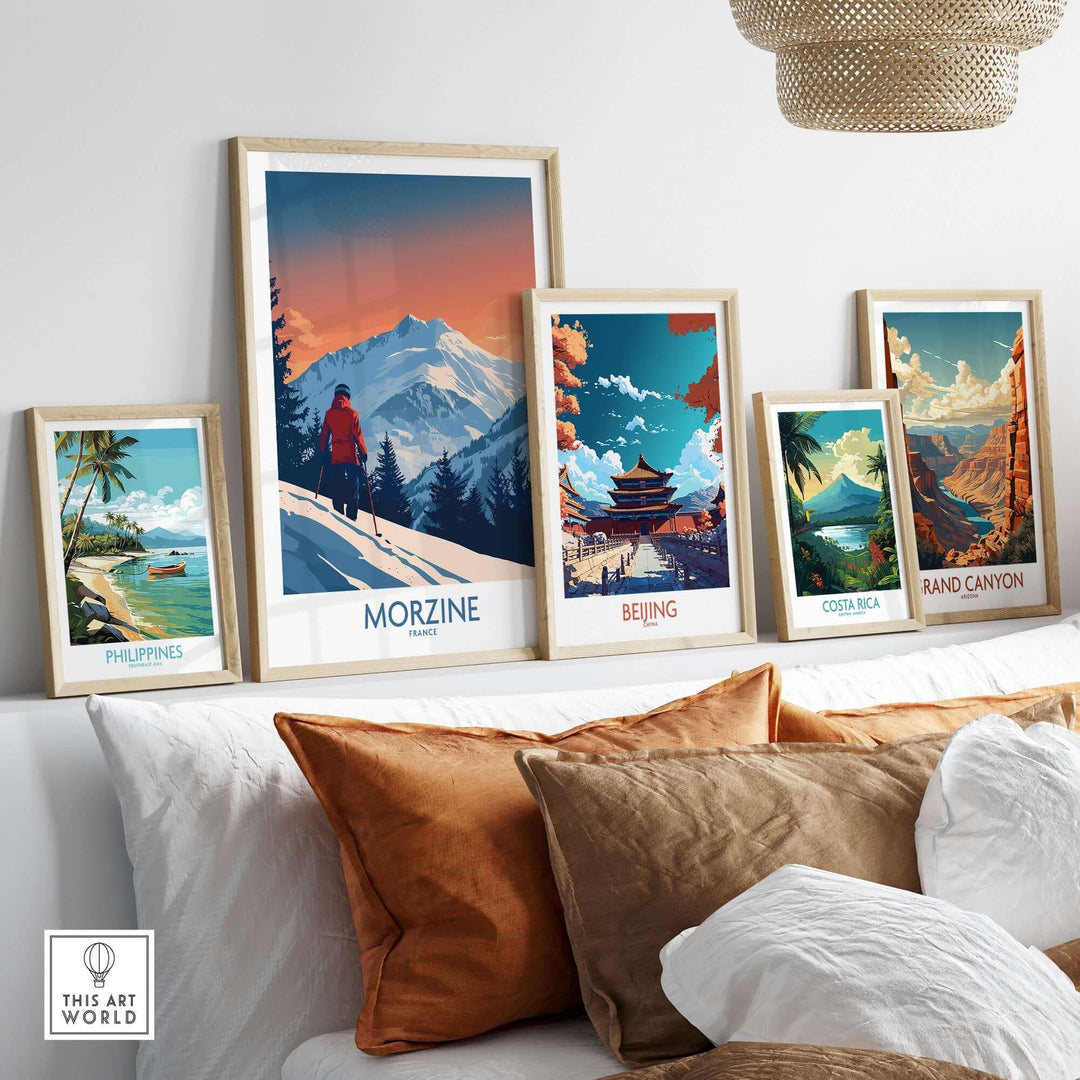 Morzine Ski Print and travel art, showcasing vibrant landscapes of popular destinations in a stylish home setting.