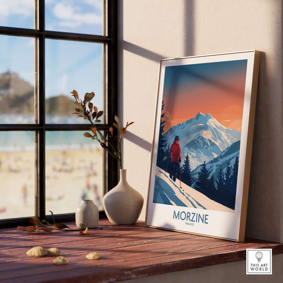 Morzine ski print displayed in a stylish interior, showcasing the beauty of the French Alps and skiing adventure.