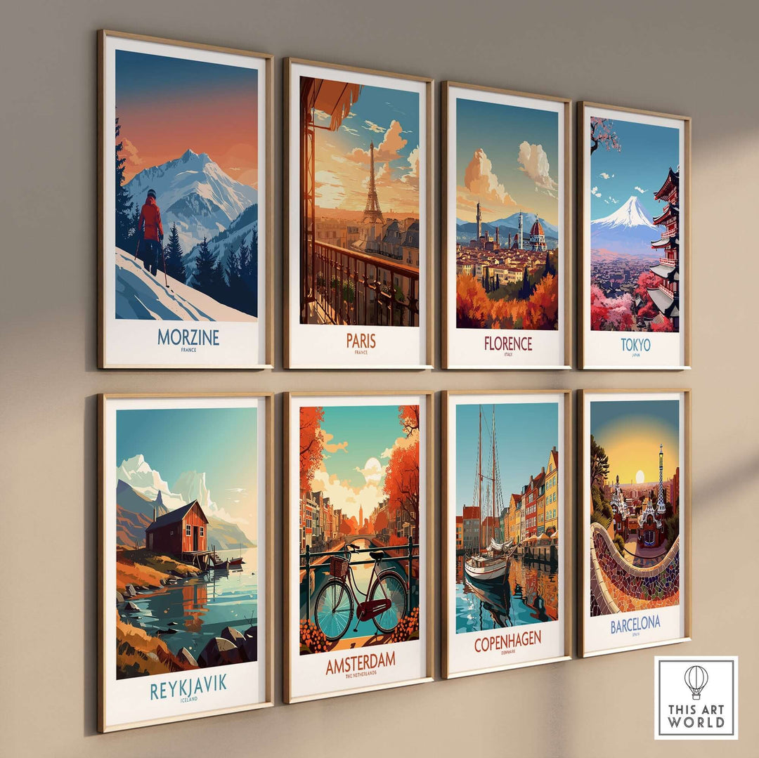 Eight vibrant city prints featuring Morzine, Paris, Florence, Tokyo, Reykjavik, Amsterdam, Copenhagen, and Barcelona.