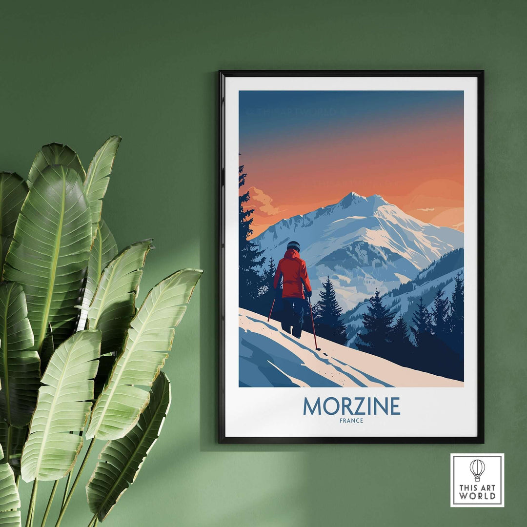 Morzine Ski Print featuring a skier against a stunning Alpine backdrop, perfect for mountain-inspired wall art.