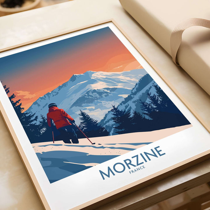 Morzine Ski Print featuring a skier in the French Alps with vibrant colors, perfect for winter decor.