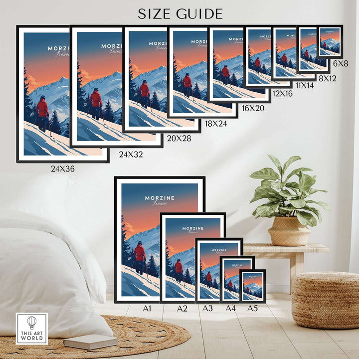 Morzine travel poster size guide showcasing various frame sizes and artwork style, perfect for ski wall art enthusiasts.