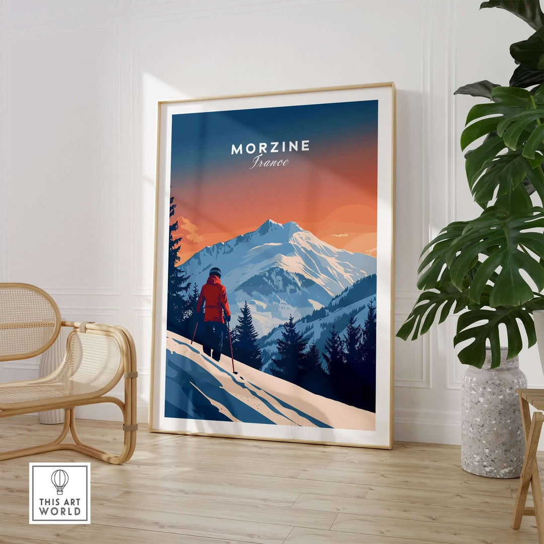 Morzine travel poster showcasing snowy mountains and a skier in a cozy interior setting, perfect for ski wall art enthusiasts.