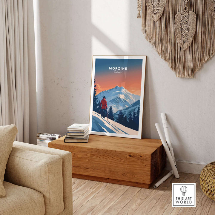 Morzine travel poster showcasing snowy mountains and a skier, perfect for adventure and wall art decor.