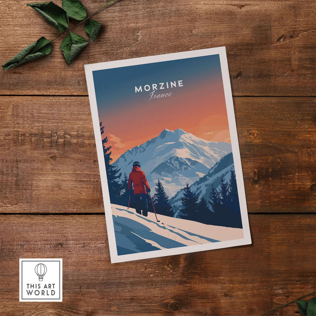 Morzine travel poster featuring a skier against snowy mountains in France, ideal for adventurers and ski wall art enthusiasts.