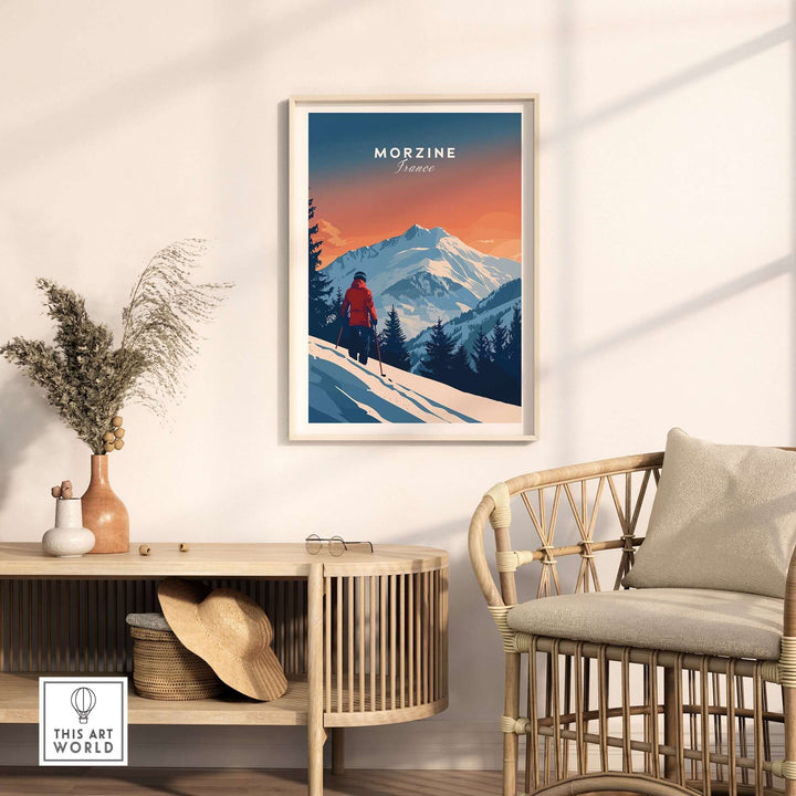 Morzine travel poster showcasing snowy mountains and a skier, enhancing your home decor with adventure and artistry.