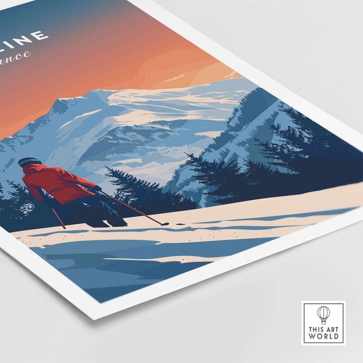 Morzine travel poster featuring a skier against snowy mountains and a sunset backdrop, perfect for ski and adventure enthusiasts.