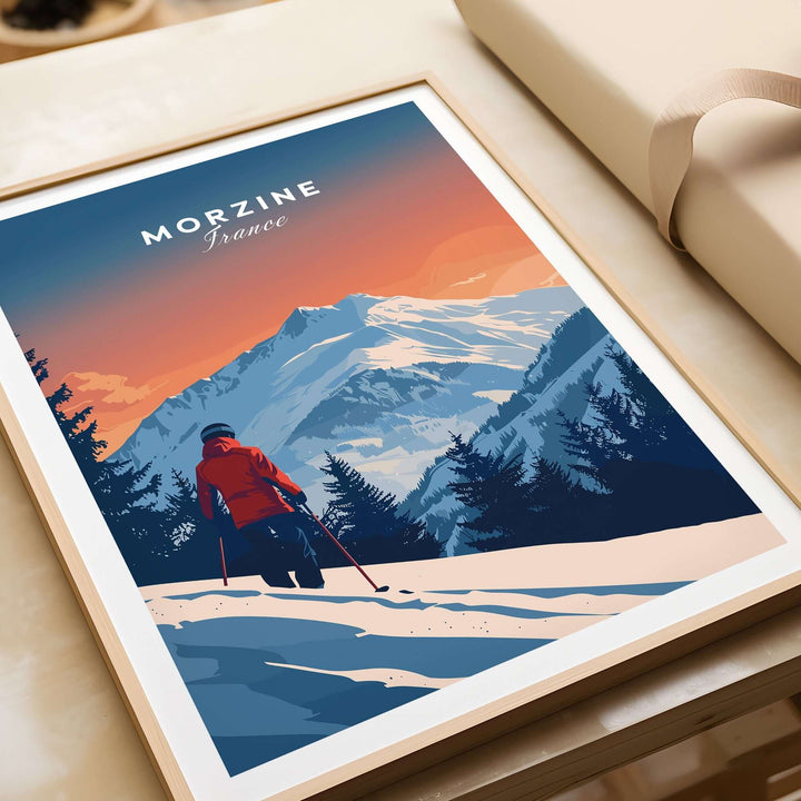 Morzine travel poster showcasing a skier in stunning mountain scenery, perfect for ski wall art enthusiasts.