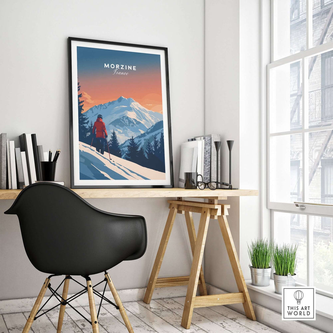 Morzine travel poster showcasing snowy mountains in a stylish interior setting, perfect for ski wall art enthusiasts.