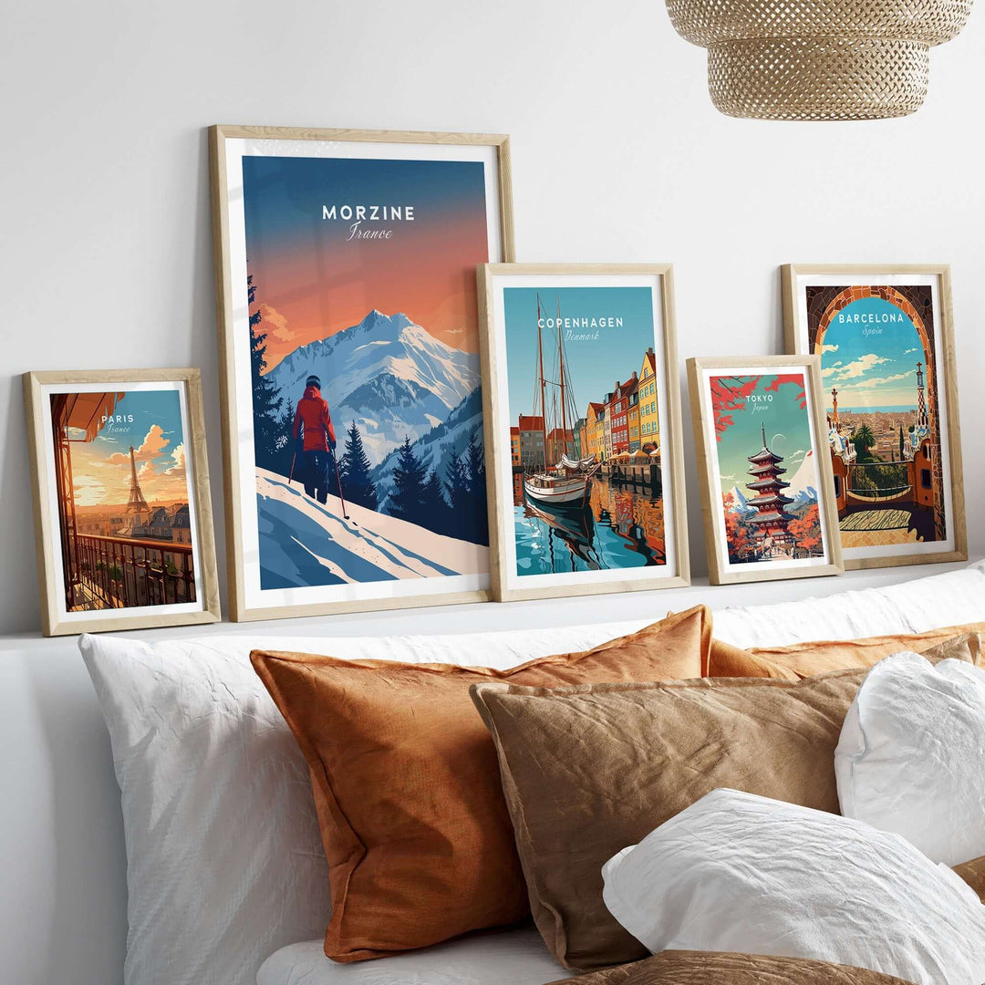 Morzine travel poster framed artwork featuring snowy mountains, perfect for ski and adventure enthusiasts.