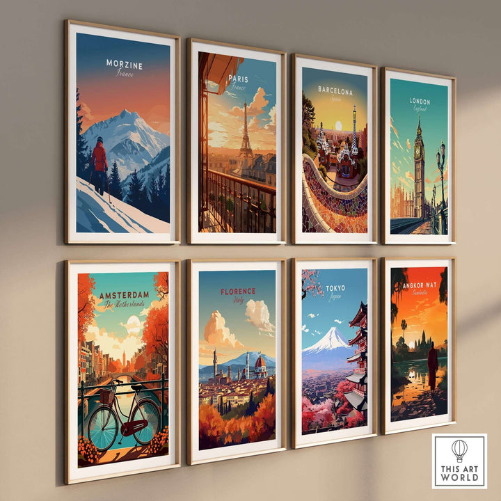 Collection of travel posters featuring Morzine, Paris, Barcelona, London, Amsterdam, Florence, Tokyo, and Angkor Wat.