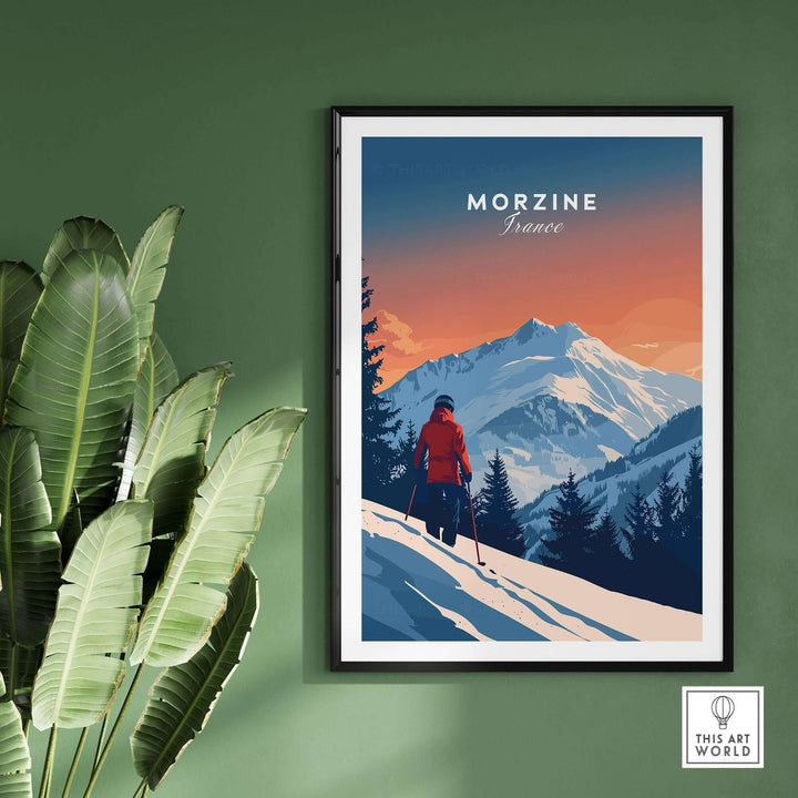 Morzine travel poster featuring a skier against snowy mountains at sunset, perfect for ski wall art and adventure lovers.