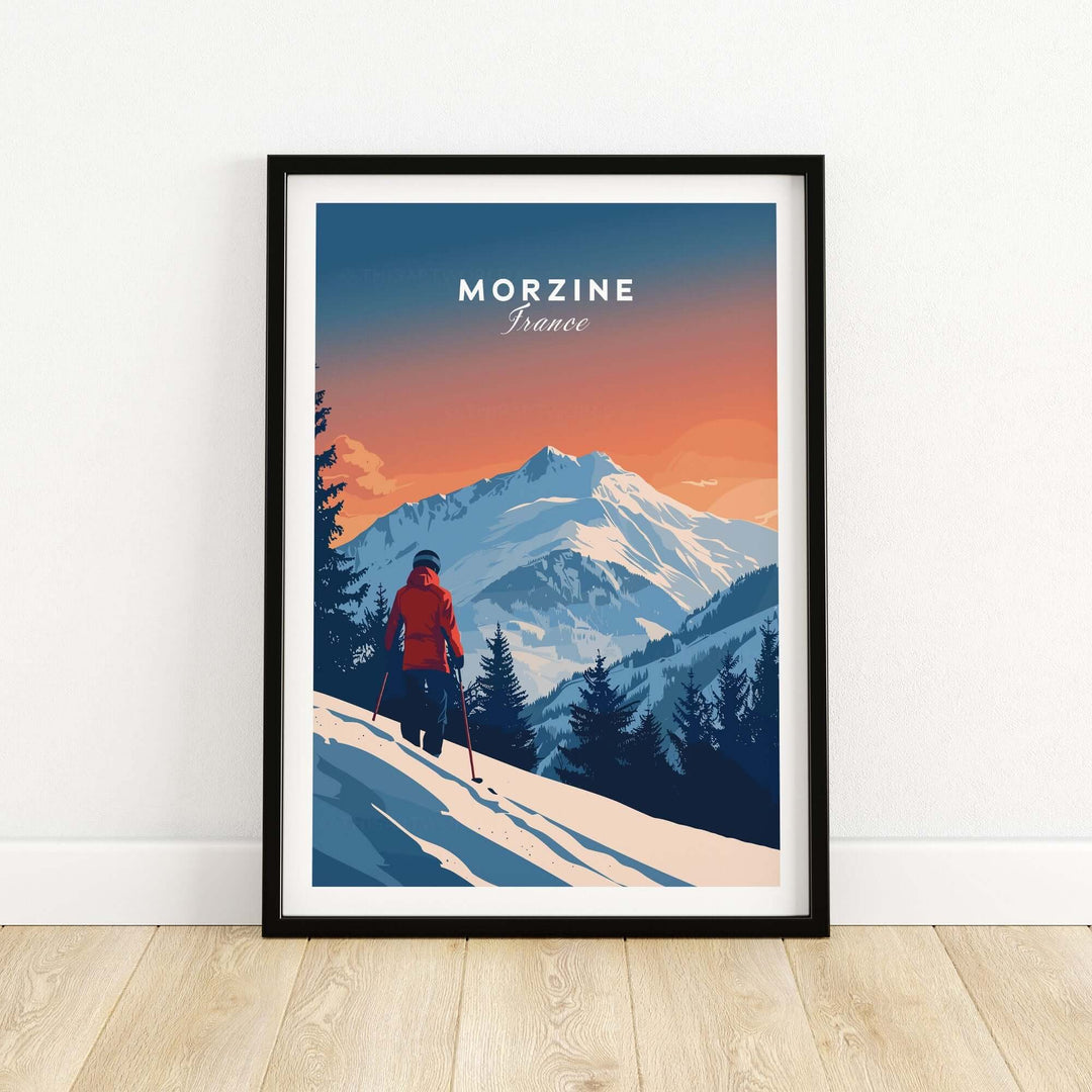 Morzine travel poster featuring a skier against a stunning mountain backdrop at sunset, perfect for ski wall art enthusiasts.