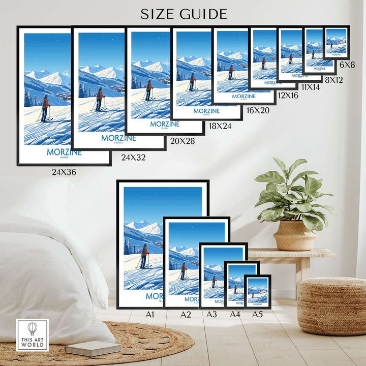 Morzine wall art size guide with multiple poster dimensions displayed on a bedroom wall