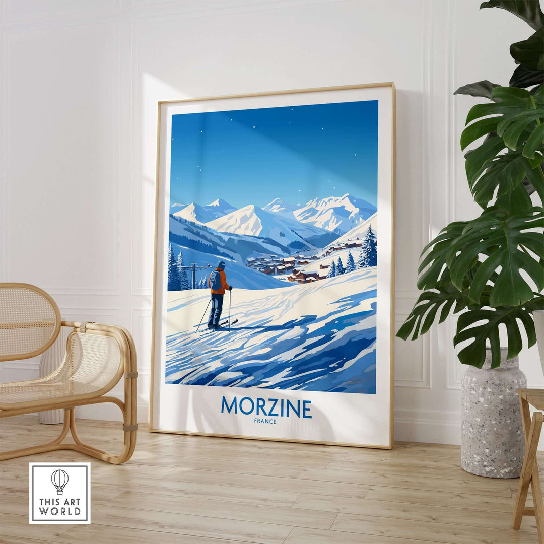 Morzine wall art featuring a snowy mountain landscape with a skier, displayed in a modern living room setting.